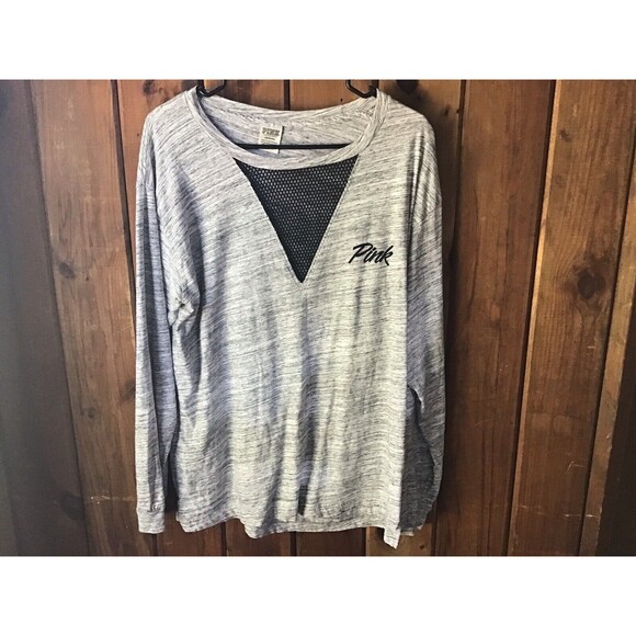 PINK Woman Top Sz L Gray Long Sleeves Mesh Inset Crew Neck Sporty Athletic - Picture 1 of 5